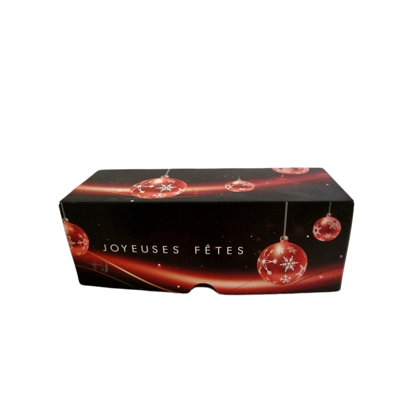 BOITE BUCHE AVEC MOTIFS-JOYEUSES FETES + BOULES ROUGE - 20X11X10 CM