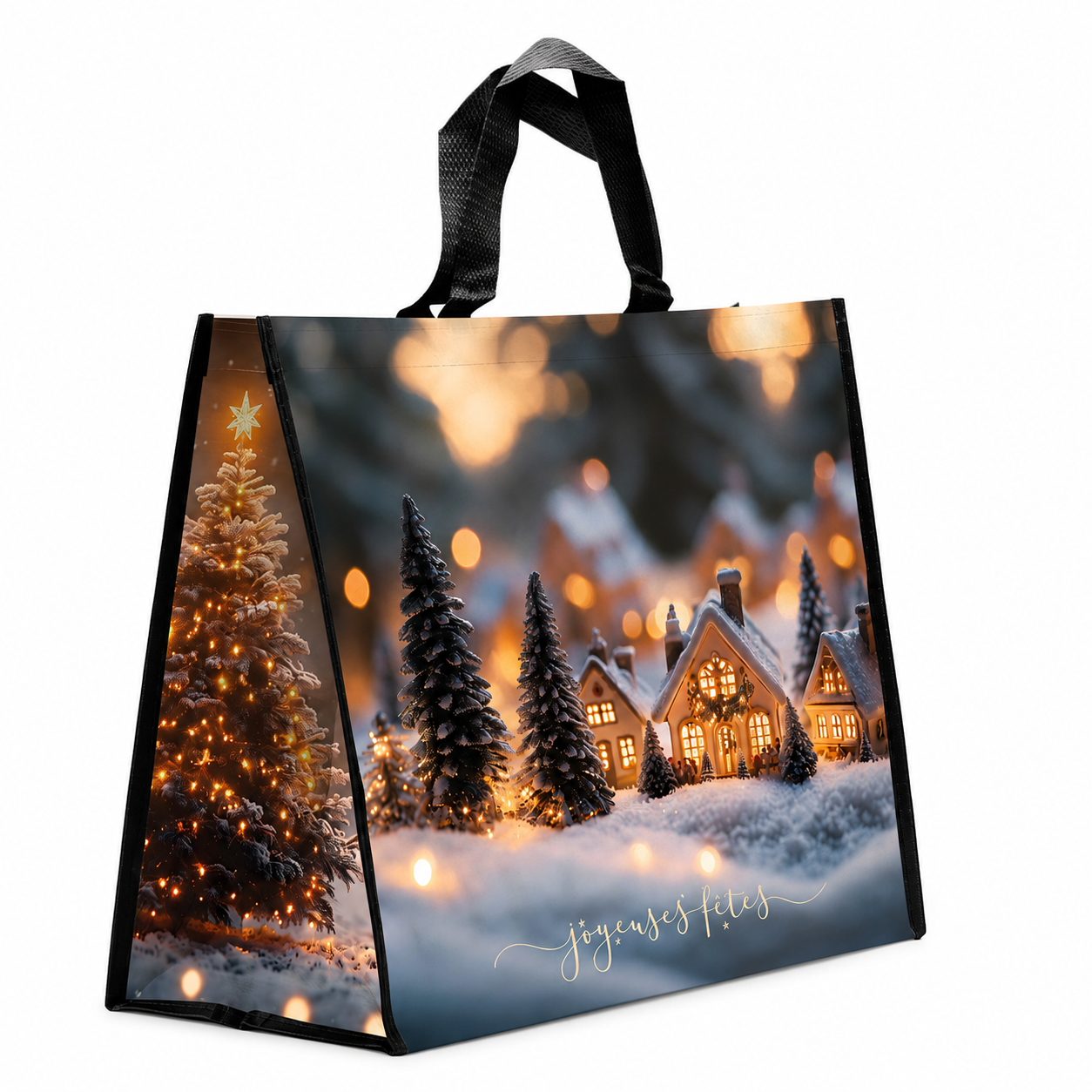 SACS CABAS POLYPRO - JOYEUSES FETES - 44+20X40 CM - CHALET + SAPINS