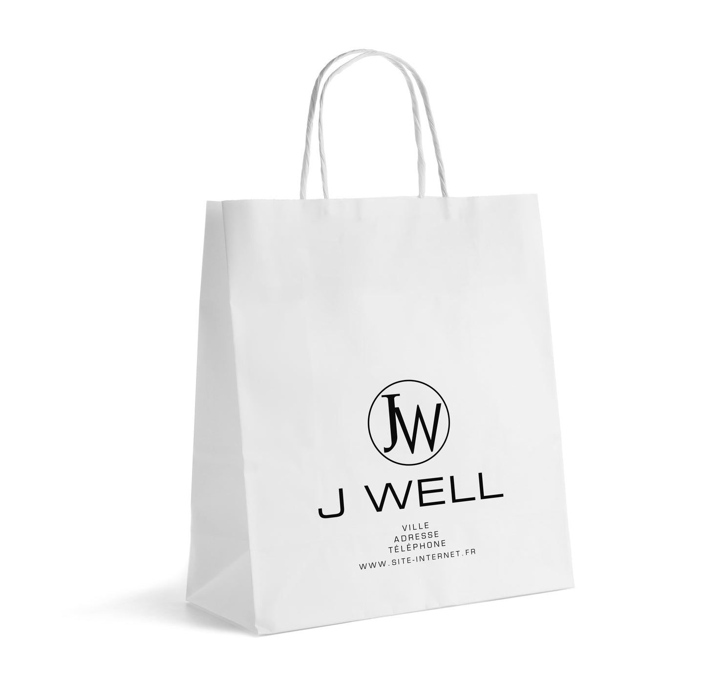 SACS KRAFT BLANC POIGNEES FICELLES 14+8X21 CM IMPRIME JWELL