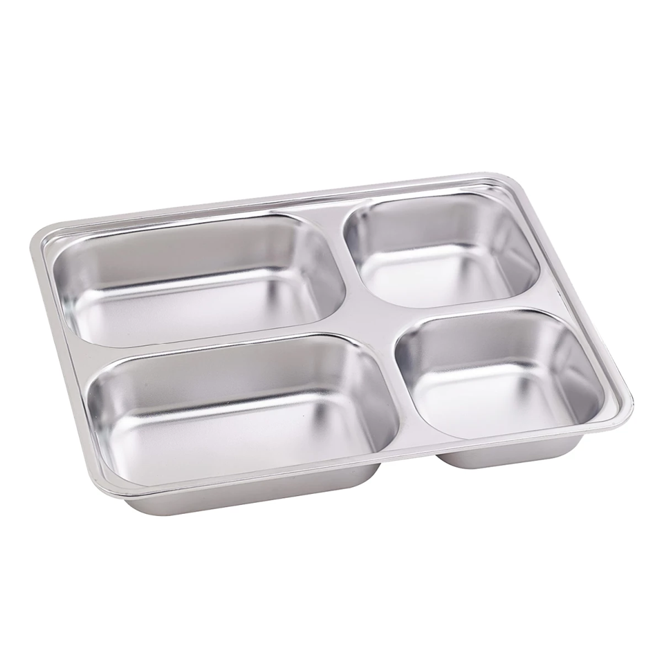 PLATEAU REPAS EN INOX + COUVERCLE PP - 4 COMPARTIMENTS