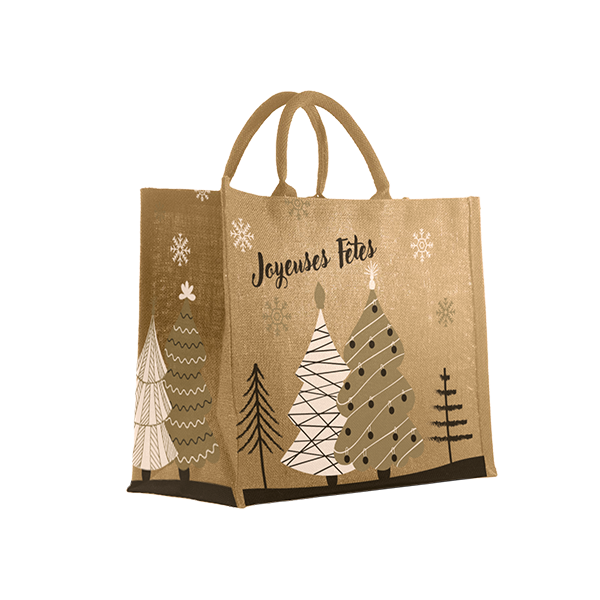 SACS CABAS JUTE "JOYEUSES FETES" AVEC ANSES EN COTON ROND - 42+18X35 CM