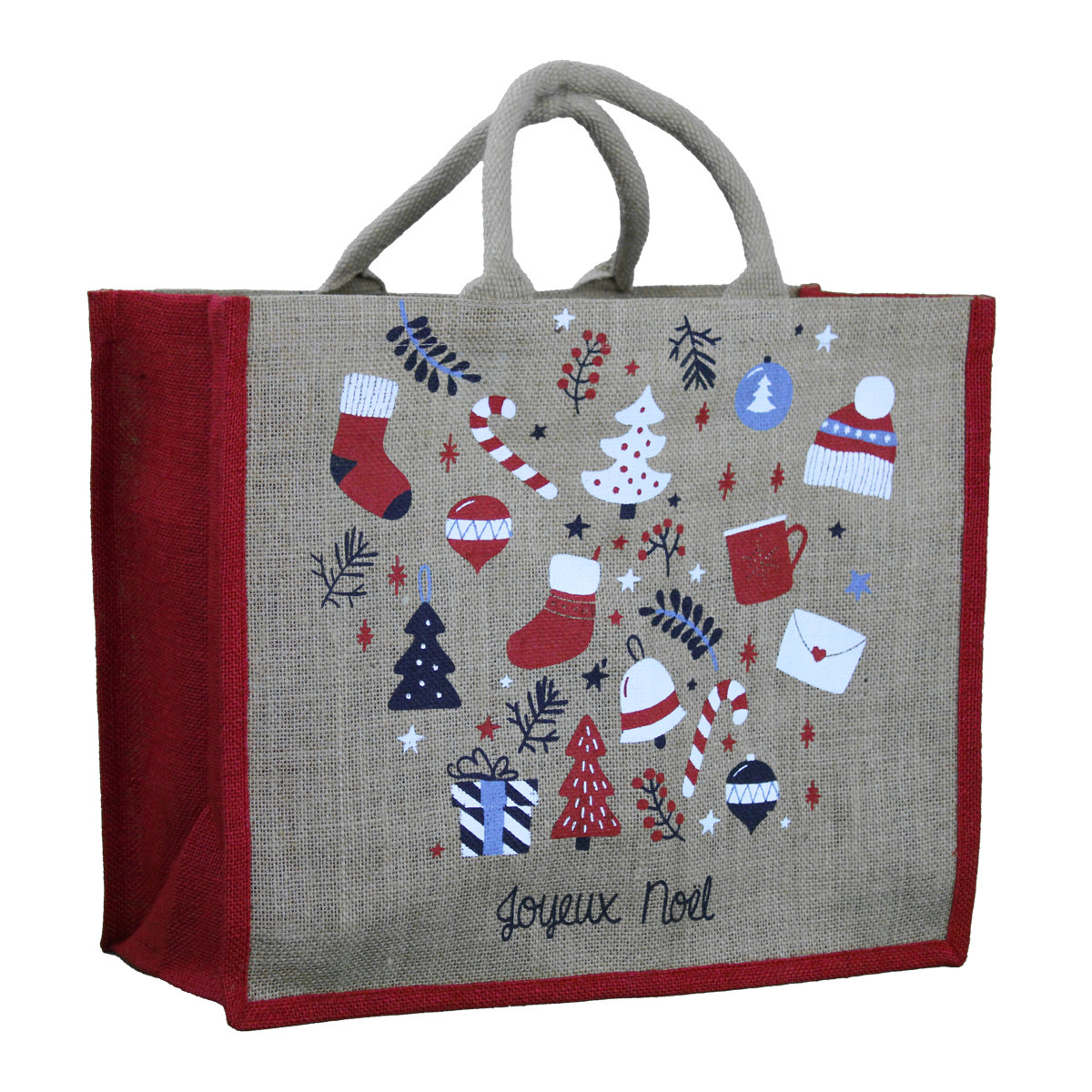 SACS CABAS JUTE "JOYEUX NOEL" AVEC ANSES EN COTON ROND - 42+18X35 CM