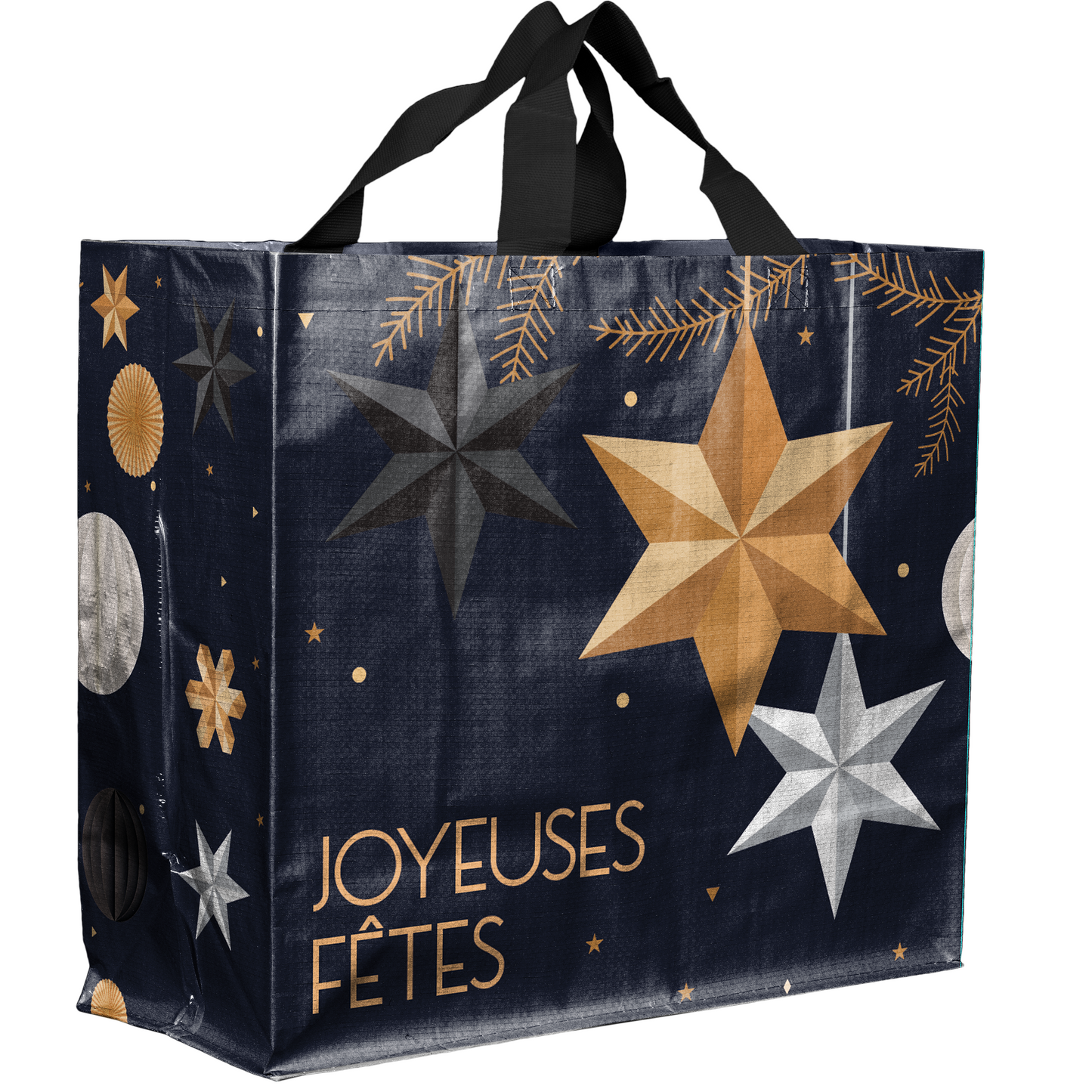 SACS CABAS POLYPRO - JOYEUSES FETES - 44+20X40 CM - NOIR