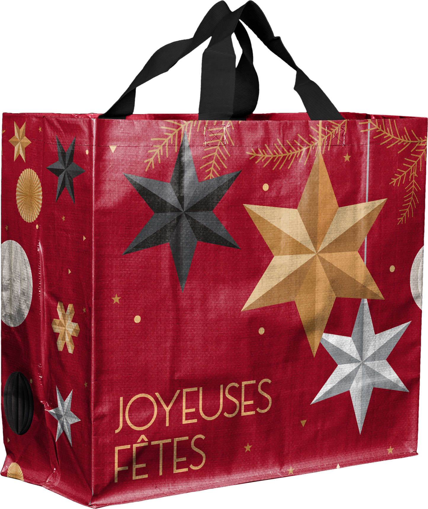 SACS CABAS POLYPRO - JOYEUSES FETES - 44+20X40 CM - ROUGE