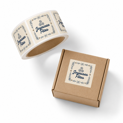ETIQUETTES ADHESIVES- BOITE DE 200 - JOYEUSES FETES - MIAM BREIZH CARRE BEIGE - NOUVEAU VISUEL