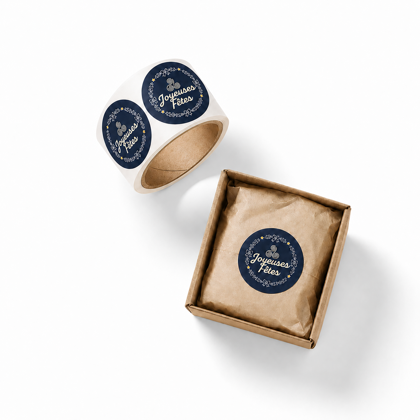 ETIQUETTES ADHESIVES- BOITE DE 200 - JOYEUSES FETES - MIAM BREIZH RONDE BLEU - NOUVEAU VISUEL