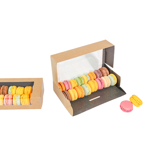 BOITE A MACARON EN KRAFT BRUN / INTERIEUR NOIR AVEC FENETRE