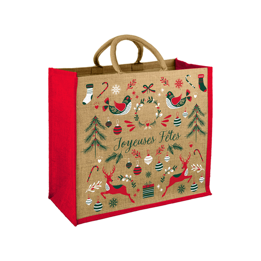 SACS CABAS JUTE "JOYEUSES FETES" AVEC ANSES EN COTON ROND - 42+18X35 CM