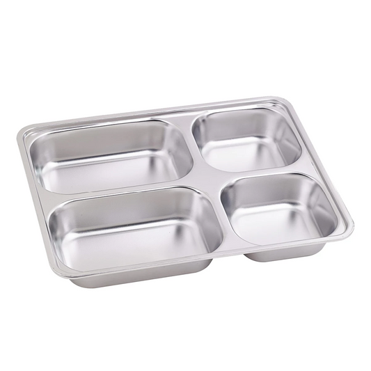 PLATEAU REPAS EN INOX + COUVERCLE PP - 4 COMPARTIMENTS