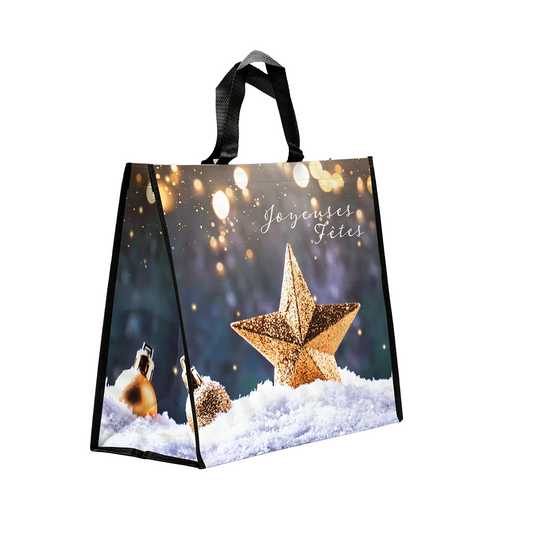 SACS CABAS POLYPRO - JOYEUSES FETES - 44+20X40 CM - NOIR+ETOILE