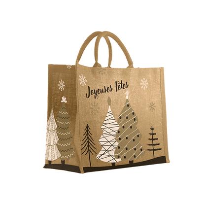 SACS CABAS JUTE "JOYEUSES FETES" AVEC ANSES EN COTON ROND - 42+18X35 CM