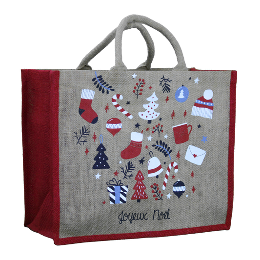 SACS CABAS JUTE "JOYEUX NOEL" AVEC ANSES EN COTON ROND - 42+18X35 CM