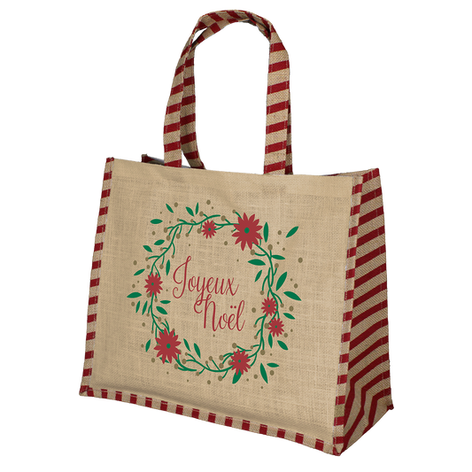 SACS CABAS JUTE "JOYEUX NOEL" AVEC ANSES EN JUTE IMPRIME- 42+18X35 CM